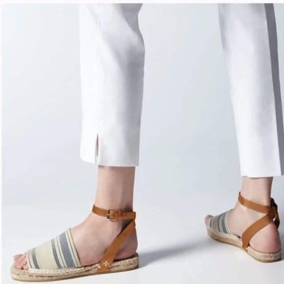 Tory Burch Stretch-Canvas Espadrille Sandal Awning‎ Ivory/Blue Size 8.5 - Picture 12 of 12